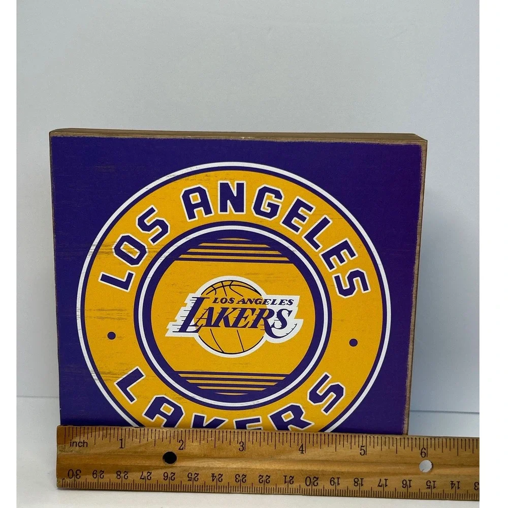 Los Angeles Lakers NBA Wooden Block Sign Purple Gold Distressed Wall Decor 6x6
